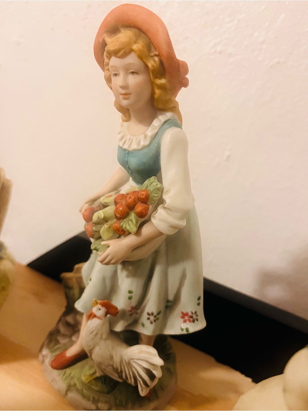 Vintage Porcelain Girl Figurine with Basket and Rooster - Cream, Green, Coral